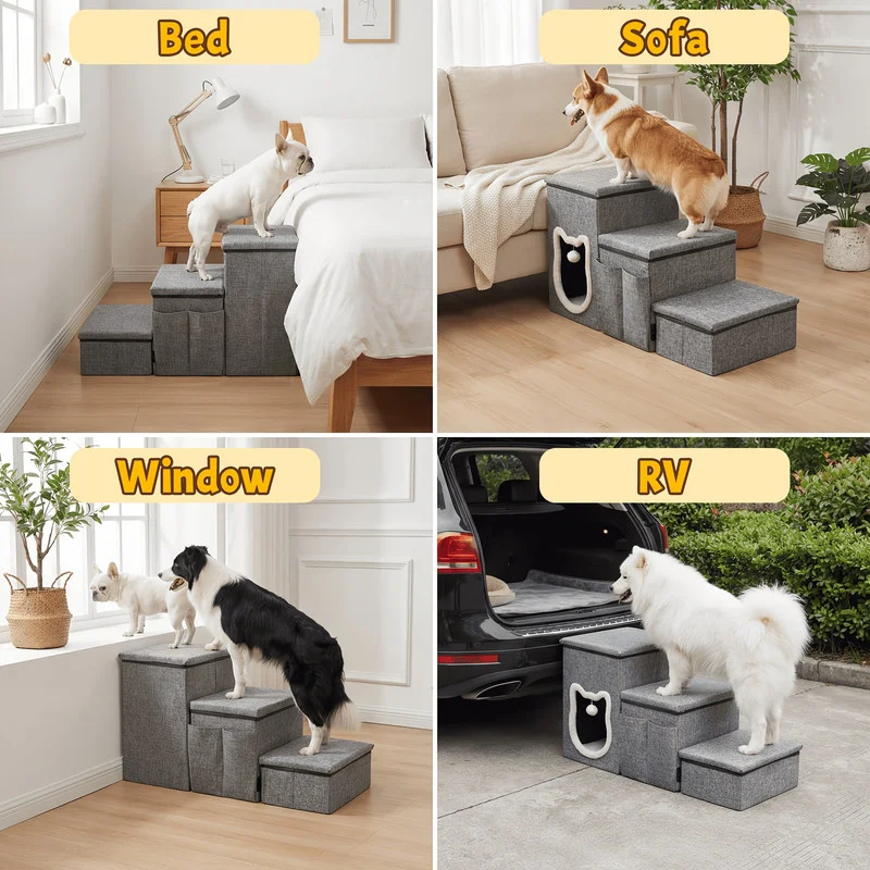 4/3 step pet stairs, suitable for high beds and sofas, non-slip bottom, sturdy support steps, soft buffer ramps, with storage function, perfect for elderly, injured cats and dogs, ideal gifts for pets, dog steps and ramps, dog accessories and supplies