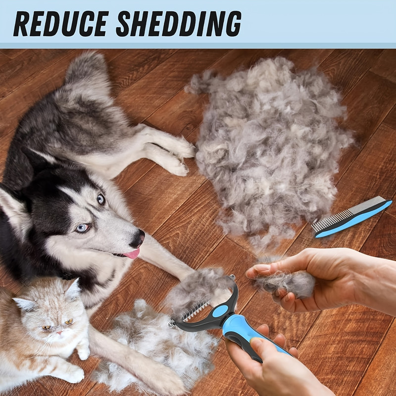 Pet grooming set blue hair removal brush with metal comb, used for unknotting and hair removal of long-haired cats and dogs