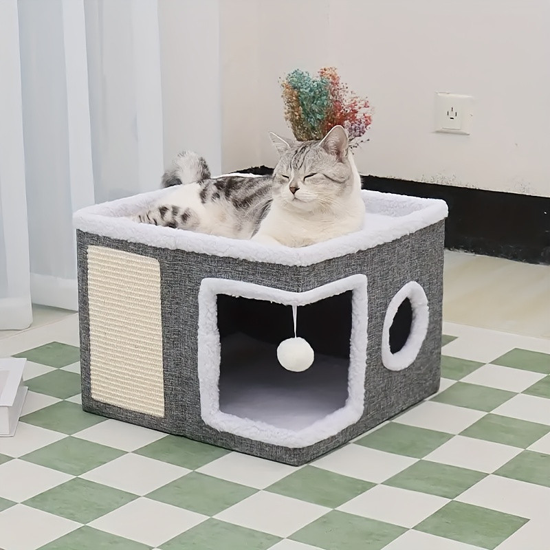 Luxury multi-level cat bed with bunk bed, toy tunnel and foldable scratching post - Comfortable indoor cat cube bed with plush hanging ball, nylon frame and canvas construction, space-saving foldable design, 16.5x16.5x13 inches - Great for small spaces