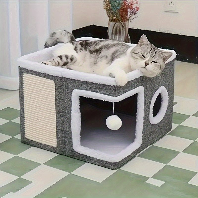 Luxury multi-level cat bed with bunk bed, toy tunnel and foldable scratching post - Comfortable indoor cat cube bed with plush hanging ball, nylon frame and canvas construction, space-saving foldable design, 16.5x16.5x13 inches - Great for small spaces