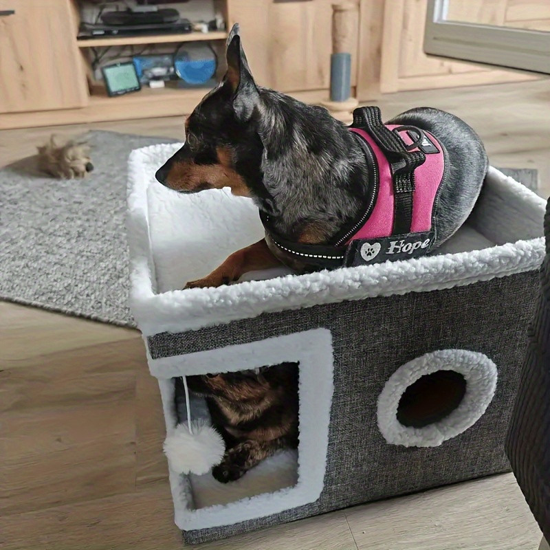 Luxury multi-level cat bed with bunk bed, toy tunnel and foldable scratching post - Comfortable indoor cat cube bed with plush hanging ball, nylon frame and canvas construction, space-saving foldable design, 16.5x16.5x13 inches - Great for small spaces