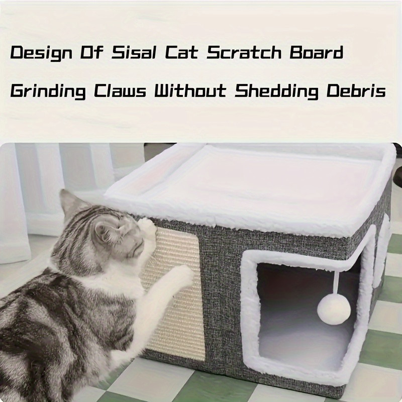 Luxury multi-level cat bed with bunk bed, toy tunnel and foldable scratching post - Comfortable indoor cat cube bed with plush hanging ball, nylon frame and canvas construction, space-saving foldable design, 16.5x16.5x13 inches - Great for small spaces