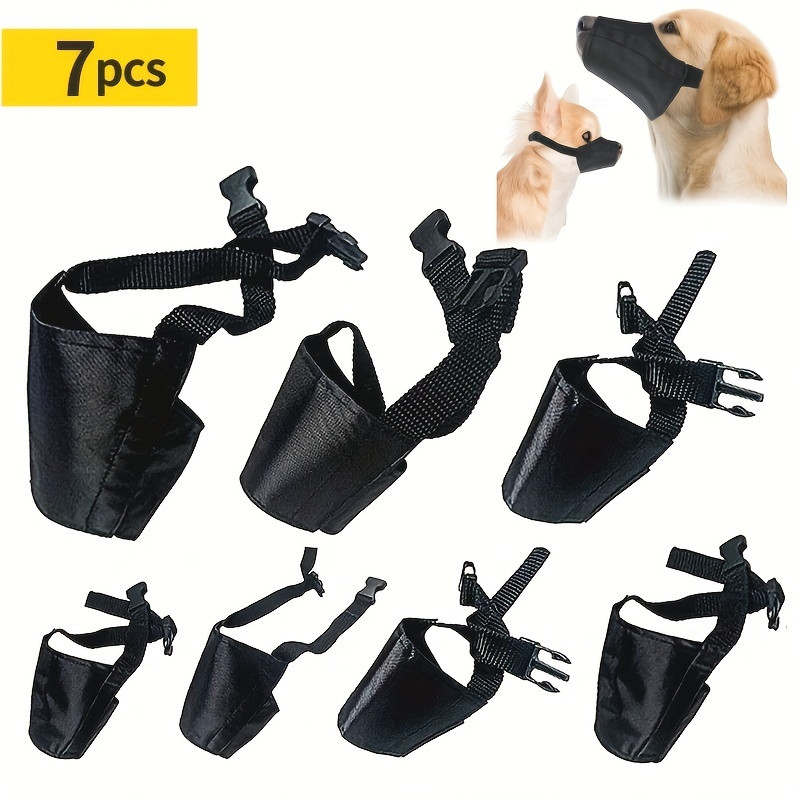 7-piece set of adjustable dog muzzle masks, anti-bite and anti-barking pet dog masks, suitable for small to large dog breeds, breathable mesh design, front opening for easy nibbling, water-friendly style, pet outdoor supplies