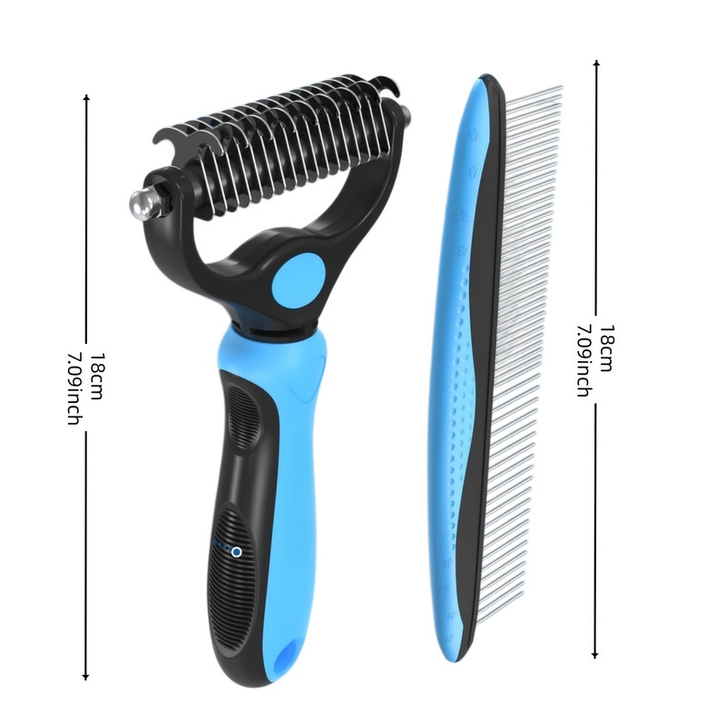 Pet Grooming Set Blue dehairing brush with metal comb for unknotting and depilating long and tangled hair of dogs and cats - 3