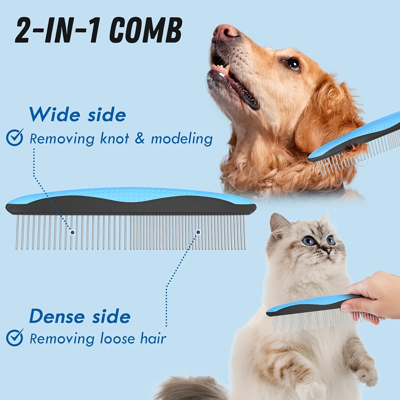 Pet Grooming Set Blue dehairing brush with metal comb for unknotting and depilating long and tangled hair of dogs and cats - 5