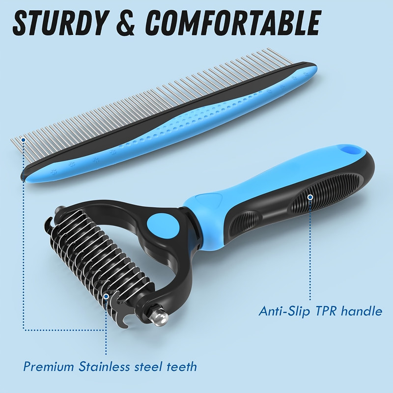 Pet Grooming Set Blue dehairing brush with metal comb for unknotting and depilating long and tangled hair of dogs and cats - 6