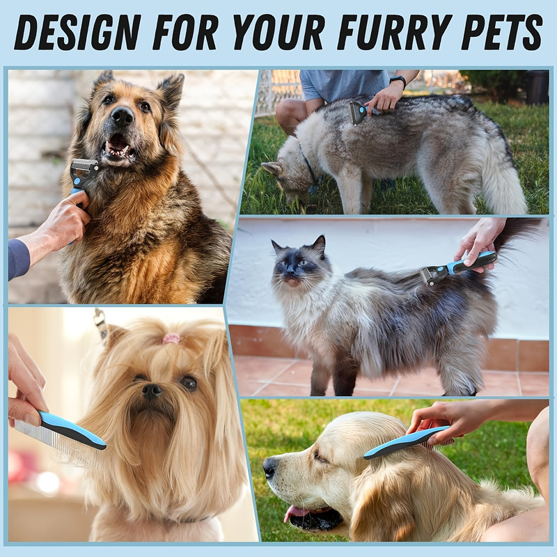 Pet Grooming Set Blue dehairing brush with metal comb for unknotting and depilating long and tangled hair of dogs and cats - 8