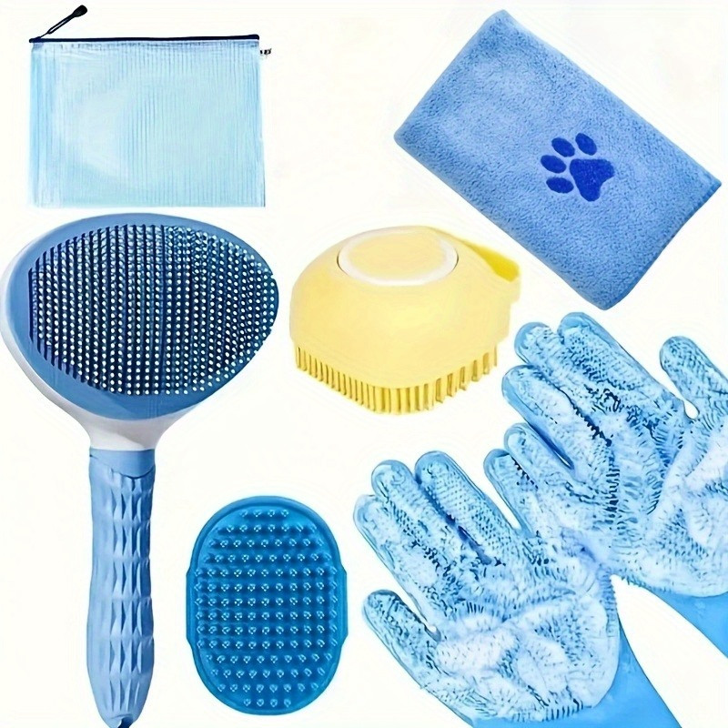 6-piece pet grooming tool set - includes comb, microfiber towel, bath mitt, hair removal needle - the essential pet care set for shiny coats that requires no power - 2
