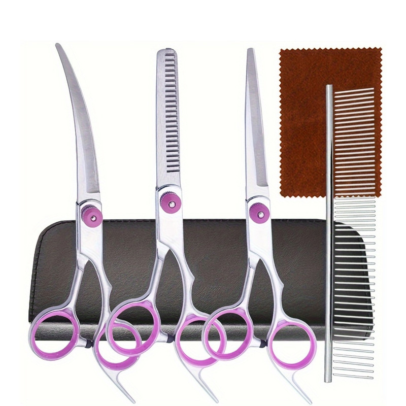 5-in-1 Professional Canine Grooming Scissor Set with Curved Shears and Comb | Stainless Steel, Universal Handheld, 6.5" Blade Length, Pet Hair Trimming Set for Cats and Dogs - 2