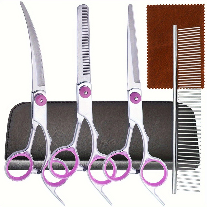 5-in-1 Professional Canine Grooming Scissor Set with Curved Shears and Comb | Stainless Steel, Universal Handheld, 6.5" Blade Length, Pet Hair Trimming Set for Cats and Dogs - 6