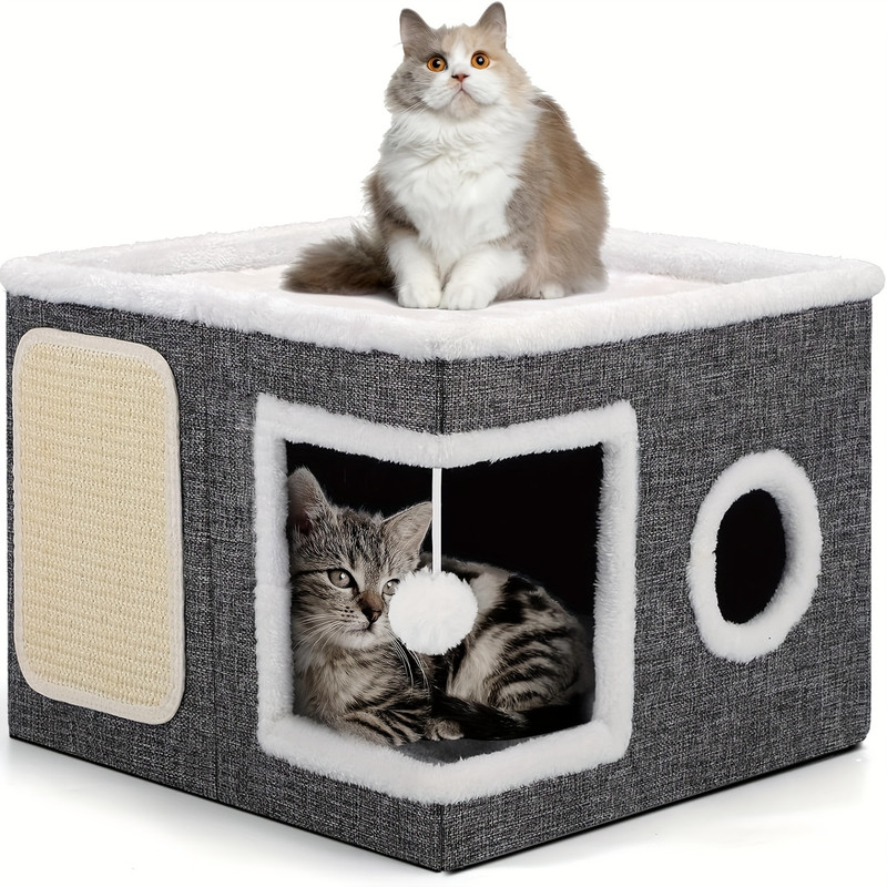 Luxurious multi-level cat bed with bunk beds, toy tunnel and foldable scratching post - Cozy indoor cat cube bed with plush hanging balls, nylon frame and canvas construction, space-saving foldable design, 16.5x16.5x13 inches - perfect for small spaces