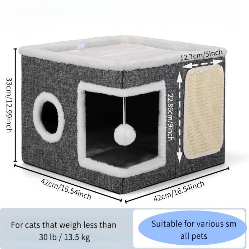 Luxurious multi-level cat bed with bunk beds, toy tunnel and foldable scratching post - Cozy indoor cat cube bed with plush hanging balls, nylon frame and canvas construction, space-saving foldable design, 16.5x16.5x13 inches - perfect for small spaces - 3