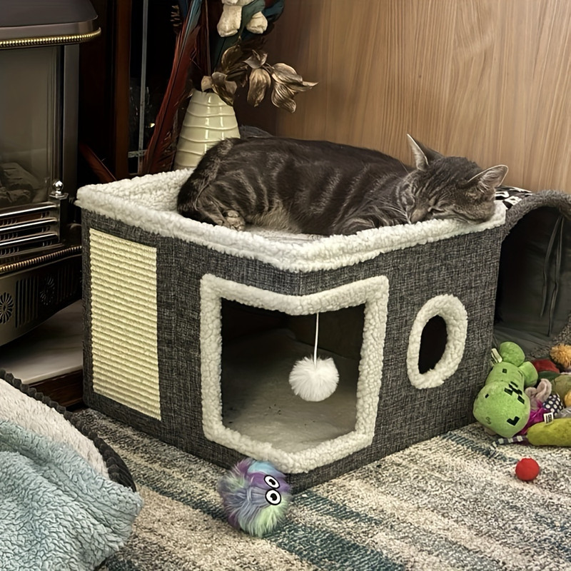 Luxurious multi-level cat bed with bunk beds, toy tunnel and foldable scratching post - Cozy indoor cat cube bed with plush hanging balls, nylon frame and canvas construction, space-saving foldable design, 16.5x16.5x13 inches - perfect for small spaces - 8