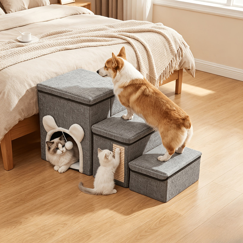 4/3 step pet stairs for high beds and sofas, non-slip bottom, sturdy support steps, soft cushioning ramps, with storage function, perfect for elderly, injured cats and dogs, ideal gift for pets, dog steps and ramps, dog accessories and supplies