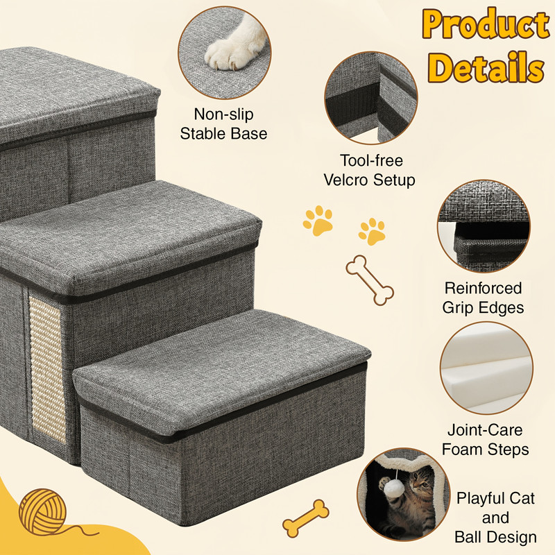 4/3 step pet stairs for high beds and sofas, non-slip bottom, sturdy support steps, soft cushioning ramps, with storage function, perfect for elderly, injured cats and dogs, ideal gift for pets, dog steps and ramps, dog accessories and supplies - 8