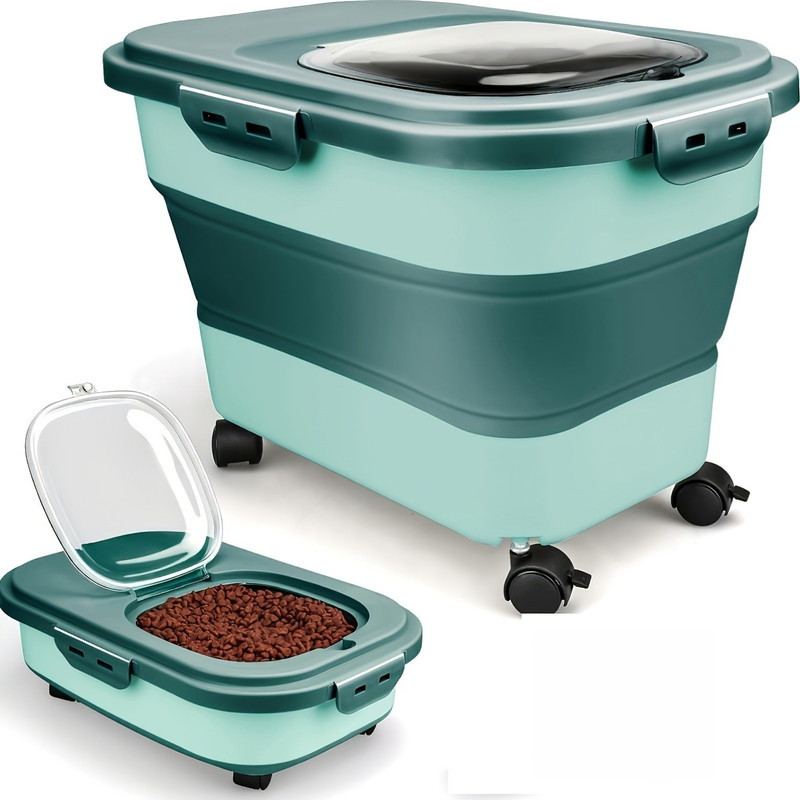 Foldable Pet Food Storage Container Set (5-30 lbs) | Moisture-Proof Cat and Dog Food Containers with Sealing Lid and Wheels, Large Capacity Foldable Pet Food Storage Bin for Pet Food, Grain and Flour - 3