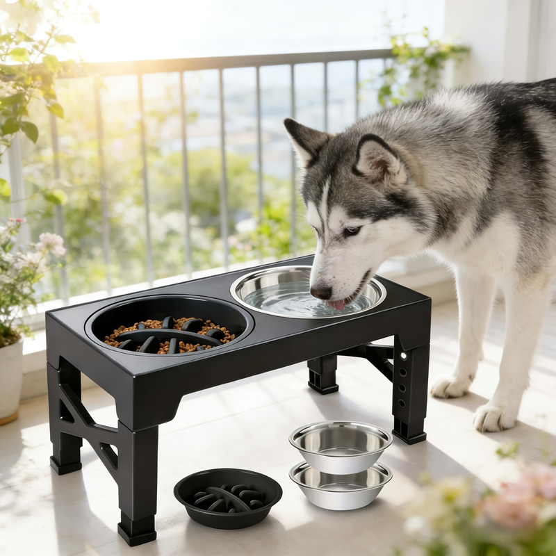 BANBERS adjustable five-level pet food bowl, foldable height-adjustable dog bowl rack, equipped with slow food bowl and stainless steel pet food bowl, suitable for medium and large dogs and cats - 4