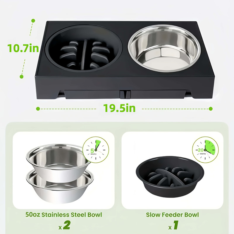 BANBERS adjustable five-level pet food bowl, foldable height-adjustable dog bowl rack, equipped with slow food bowl and stainless steel pet food bowl, suitable for medium and large dogs and cats - 5