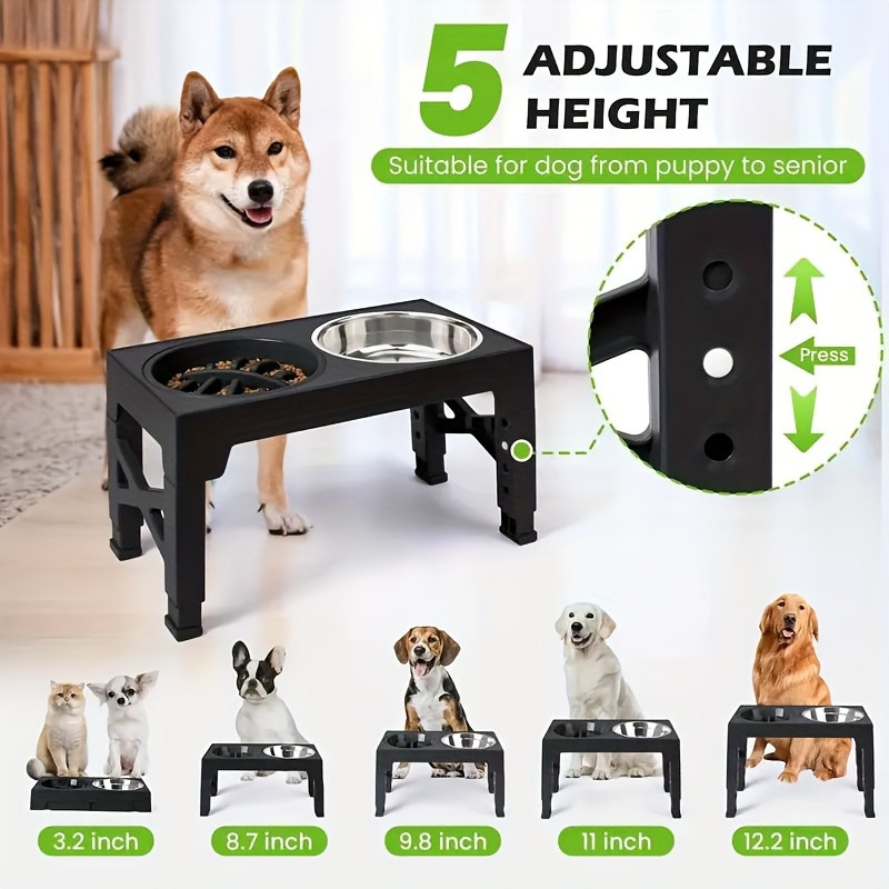 BANBERS adjustable five-level pet food bowl, foldable height-adjustable dog bowl rack, equipped with slow food bowl and stainless steel pet food bowl, suitable for medium and large dogs and cats - 6