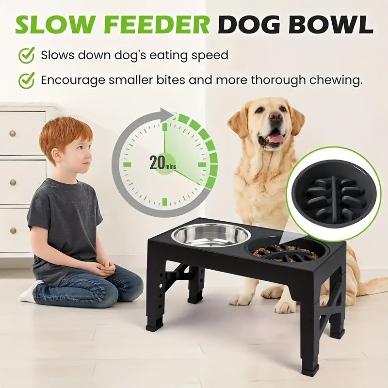 BANBERS adjustable five-level pet food bowl, foldable height-adjustable dog bowl rack, equipped with slow food bowl and stainless steel pet food bowl, suitable for medium and large dogs and cats - 7