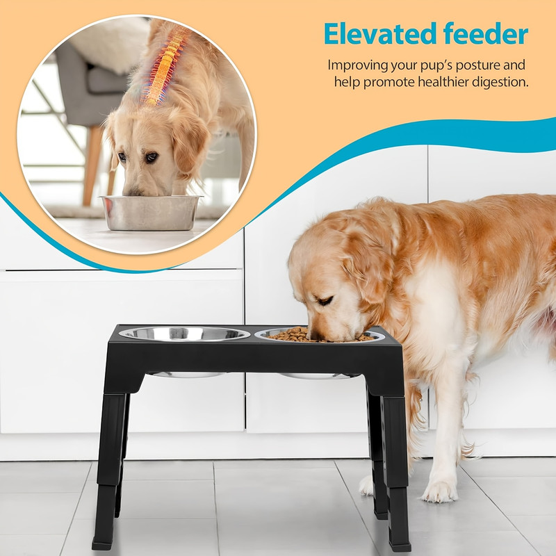 BANBERS adjustable five-level pet food bowl, foldable height-adjustable dog bowl rack, equipped with slow food bowl and stainless steel pet food bowl, suitable for medium and large dogs and cats - 8