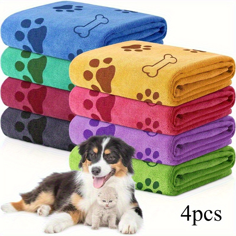 [Quick-drying Pet Towels] Pack of 4 Random Colors Quick-Drying Soft Absorbent Polyester Pet Towels - Medium Dog Bathing Products, Paw Print Design