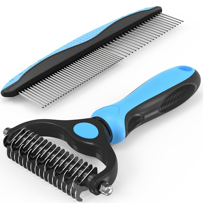 Pet Grooming Set Blue dehairing brush with metal comb for unknotting and depilating long and tangled hair of dogs and cats
