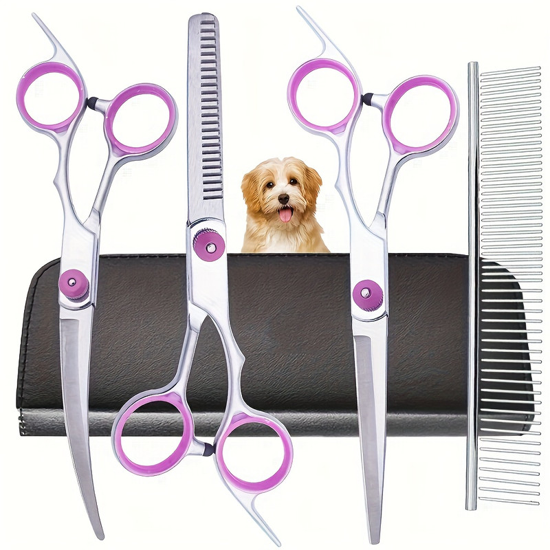 5-in-1 Professional Canine Grooming Scissor Set with Curved Shears and Comb | Stainless Steel, Universal Handheld, 6.5" Blade Length, Pet Hair Trimming Set for Cats and Dogs